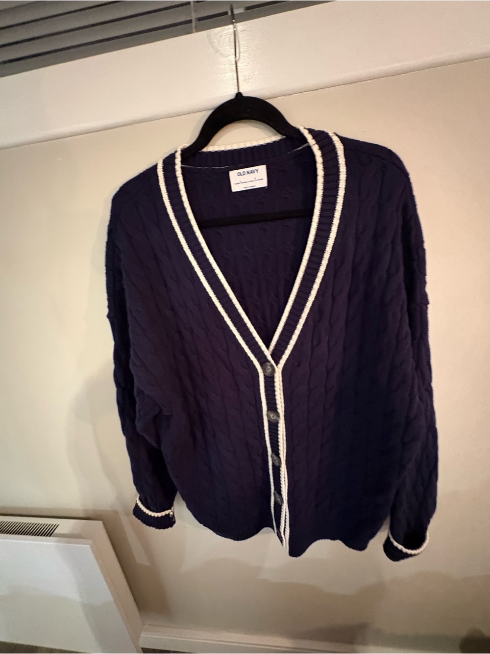 Old Navy Navy Cable Knit Cardigan with White Trim